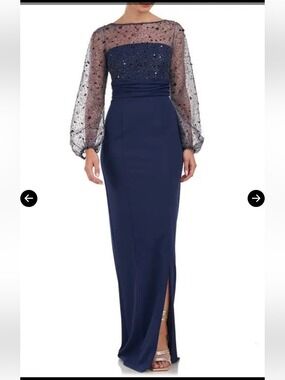 JS Collections Navy Beaded Long-Sleeve Gown